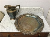 Silver Plate 16" Footed Platter & 8” Pitcher by