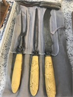 Asian Motiff Carving Set Plastic and 2 old Forks