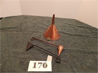 Copper funnel, candle snuffers