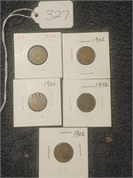 INDIAN HEAD PENNIES LOT OF 5 ,  EARILY 1900'S