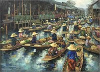 Floating Market Scene Painting sgd. Sawasdee?