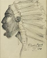 Ink Drawing of Indian Chief sgd. F. Luis Mora.