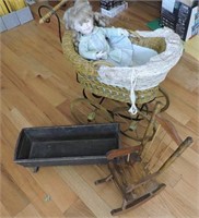 Porcelain Doll, Buggy, Chair & Craddle
