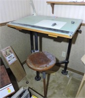 Vintage Drafting Table, Steel Base, Wooden Stool