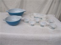 2 Blue Pyrex Bowls / 12" Rect. Dish / 6 Sm. Bowls