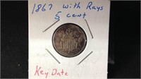 1867 shield nickel with Rays