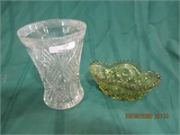 Crystal Vase 6"H & Green patterned glass bowl