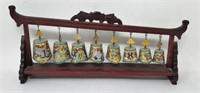 Vintage Chinese cloisonne bells w/wooden stand