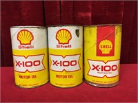 3 Shell X-100 Motor Oil Cans - 1 Full