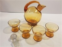 Vintage elegant amber glass decanter saki set