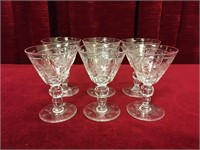 6 Vintage Etched Fine Crystal Sherry Glasses