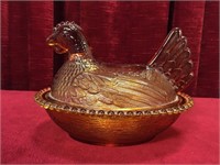 Amber Glass Hen on Nest Candy Dish - 5.5" x 7"