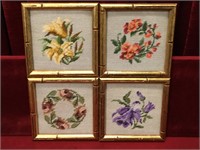 4 Floral Needlepoint Art Pieces