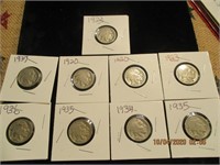 9 Buffalo Nickels-1920-1937