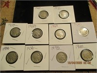 10 Buffalo Nickels-1920-1937
