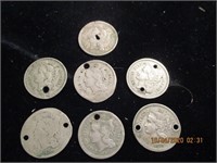 7 Three Cent Pcs.-1870 w/1 hole each