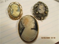 3 Cameo Pin Brooches w/Blue & White