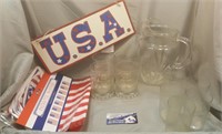 Glass Pitcher & Glasses + USA Decor