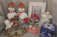 Holiday Lot-Pictures, Snowmen, Tissue Holder Etc..
