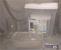 Plastic Storage Bins + Beer Mug + Glass Veg. Dish
