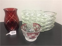 RED/CLEAR CUT GLASS BOWL/RED CUT GLASS VASE & MISC