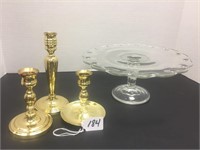 CAKE PLATE AND 3 BALDWIN CANDLE HOLDERS