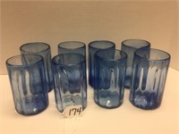 SET OF 8 HAND BLOWN BLUE GLASSES