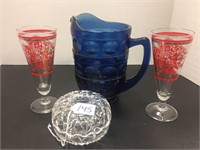 MISC. GLASSWARE (9" TALL BLUE PITCHER)