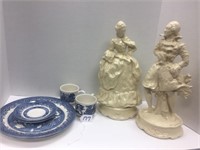 2 COLONIAL FIGURINES, PLATES, SAUCERS, CUPS
