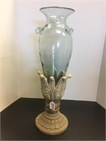 25" TALL GLASS VASE IN POTTERY HOLDER
