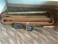 3 ANTIQUE STANCHIONS AND 3 FIREPLACE ITEMS