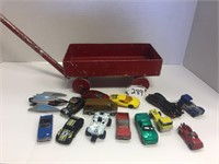 VINTAGE RED METAL WAGON AND TOY CARS