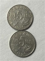 2 - 1926 Near 6 Canadian 5 Cent Coins