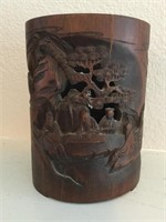 19th Century Chinese Brush Pot Carved Wood 7"