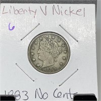 1883 LIBERTY V NICKEL NO CENTS NICKEL