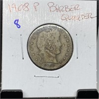 1908 BARBER SILVER QUARTER