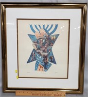 Signed Amram Ebgi Judaic Etching "Six Symbols"