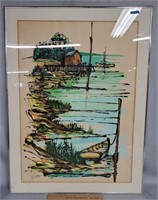 Signed Modernist Lake Scene Painting