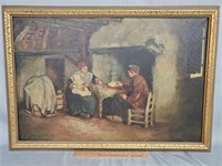 Early Dutch Style Family Dinner Oil Painting
