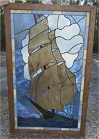 Large Stained Glass Nautical Ship Scene As Is