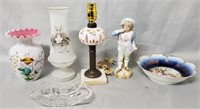 Antique Glass & Porcelain Lot & Cut to Clear Lamp