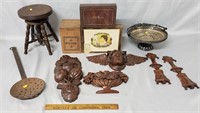 Antique Table Lot: Miniature Stool, Carvings +More