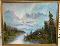 Signed forest mountain landscape Cabin And River