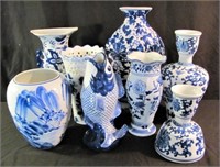 8 Cobalt Blue & White Porcelain Vessels