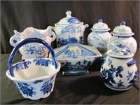 7 Pc Cobalt Blue Porcelain Assorted Jars & Baskets