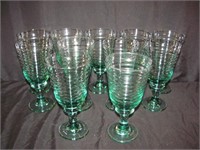 11 Green Ribbed Water Goblets