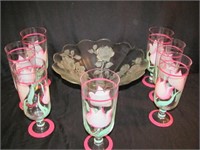7 Tulip Glasses & Flower Design Pedestal Bowl
