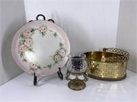 Vintage Painted Plate and Brass Basket/Candle Hold