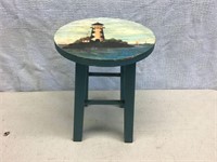 WOOD STOOL WITH LIGHTHOUSE PAINTED ON IT