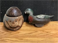 OLD COCONUT AND A WOODEN DECOY DUCK